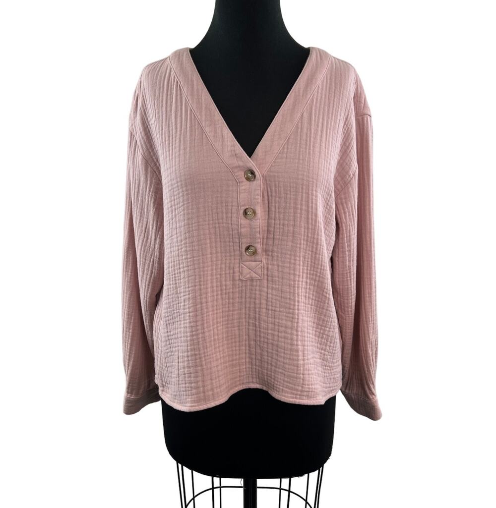 MADEWELL Lightspun Evert Pink Top Cotton Crinkled V-Neck Drop Shoulder L Large
